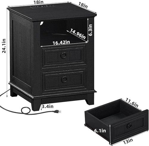 18" Farmhouse Night Stand with Charging Station, 2 Drawers End Table Dresser for Bedroom, Black Wooden Nightstand, Bed Side Table with Open Shelf, Bedside Cabinet for Living Room, Closet