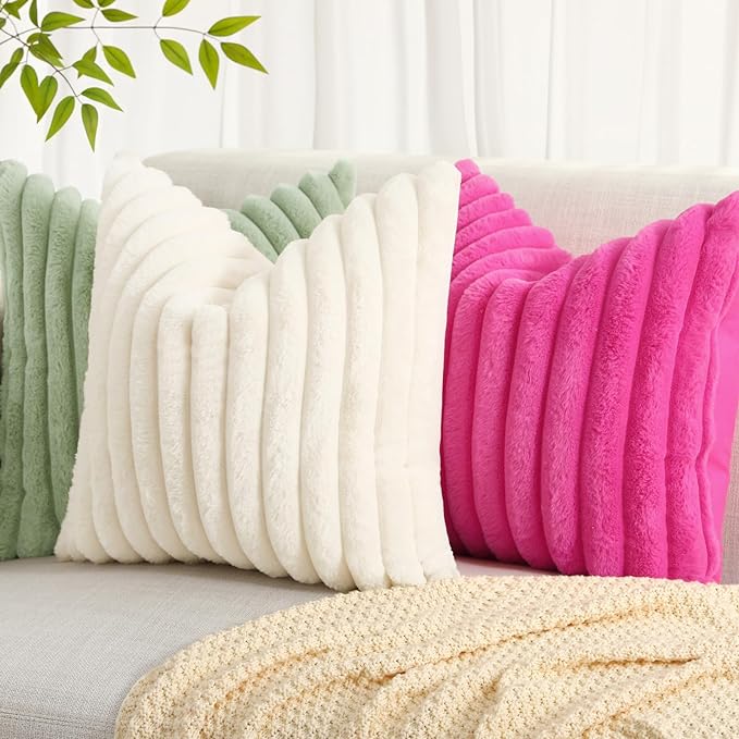 decorUhome Faux Fur Spring Throw Pillow Covers 22x22 Set of 2, Decorative Soft Plush Striped Neutral Couch Euro Sham Pillow Covers with Velvet Back for Sofa, Bed, Living Room Home, Sage Green
