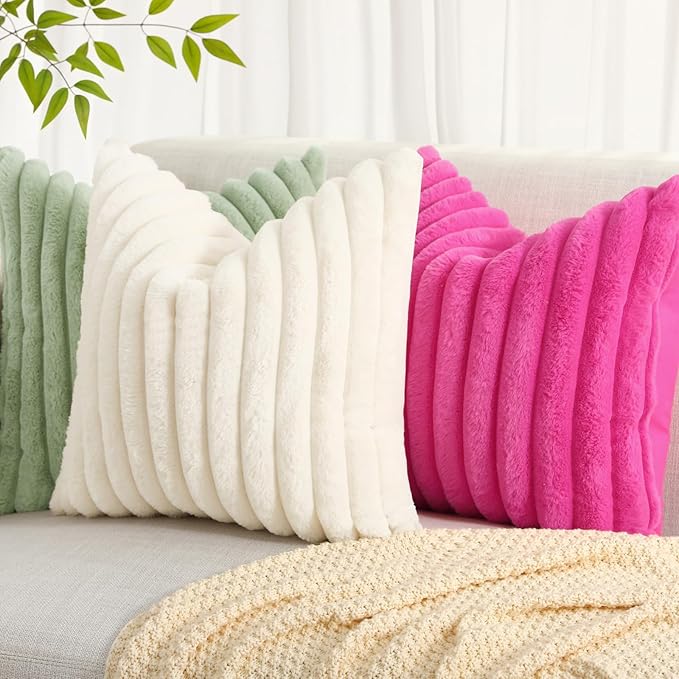 decorUhome Faux Fur Spring Throw Pillow Covers 20x20 Set of 2, Decorative Soft Plush Striped Neutral Couch Pillow Covers with Velvet Back for Sofa, Bed, Living Room Home, Sage Green