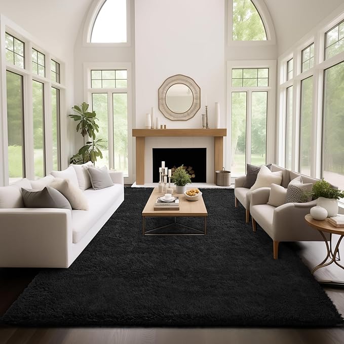 Ophanie Area Rugs 9x12 Living Room, Large Black Bedroom Carpet, Big Shag Indoor Thick Soft Nursery Rug, Fluffy Carpets for Boy and Girls Room Dorm Home Decor Aesthetic