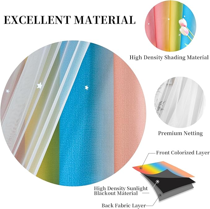 Star Curtains Blackout Curtains for Bedroom Cute Curtains Kids Curtains Rainbow Curtains, Curtains 63 Inches Long 2 Panels, Red & Yellow & Blue Curtains, 42 X 63 Inches