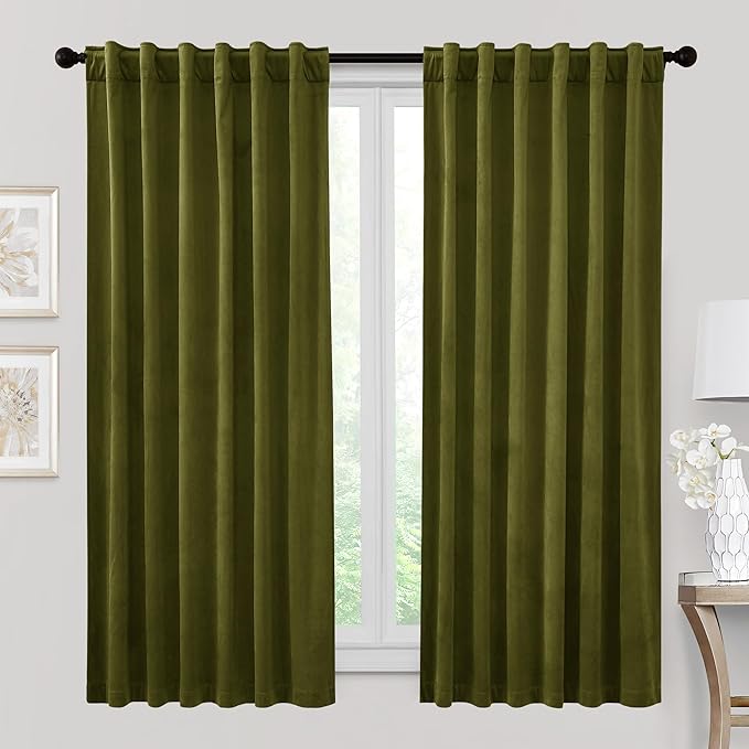 RYB HOME Moss Green Green Velvet Curtains 72 inches Length - Blackout Thermal Insulated Drapes Window Treatment Luxury Solid Decor for Kitchen Study Room, W52 x L72 inches, 2 Panels