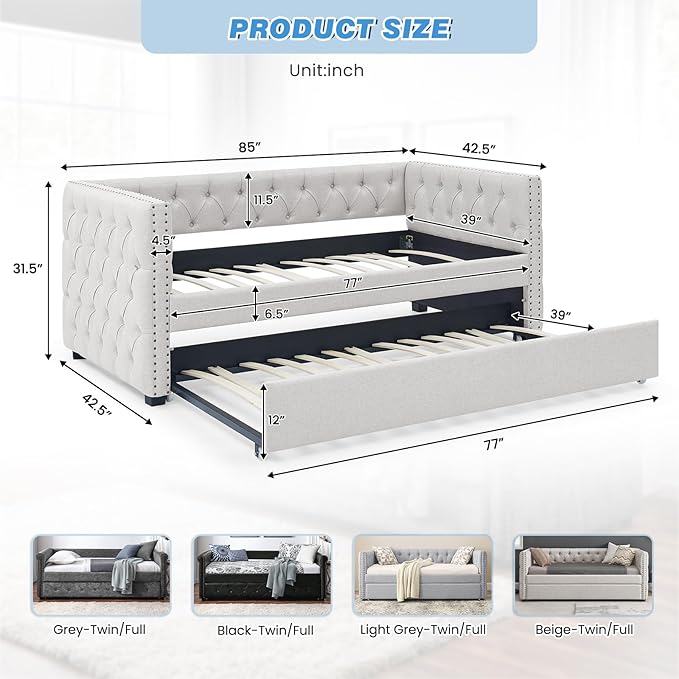 Antetek Daybed with Trundle, Upgraded Linen Upholstered Twin Size Day Bed Button-Tufted Sofa Daybed Frame with A Trundle,No Box Spring Needed,Furniture for Bedroom Living Room Guest Room (Beige, Twin)