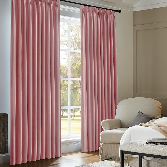 Pinch Pleated 100% Blackout Curtains for Bedroom, Pink Velvet Curtains for Living Room, Black Out Curtain 108 inch Long Room Darkening, Blackout Pinch Pleat Drapes with Hooks 2 Panels
