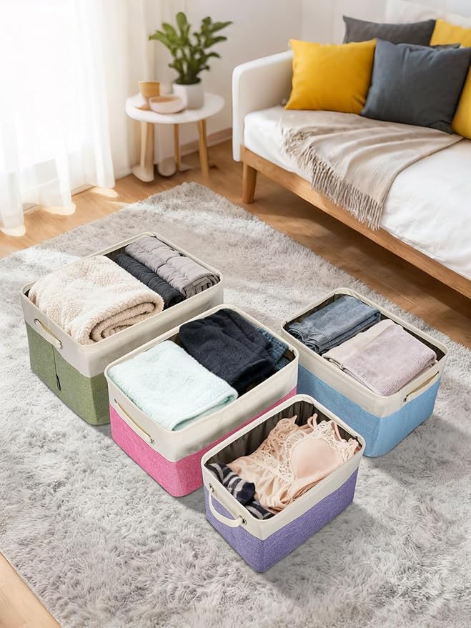 BALEINE 4 Pack Fabric Storage Bins for Shelves, Linen Storage Baskets for Organizing, Decorative Closet Bins for Clothes, Home (Green, 15''x11''x9.5'')