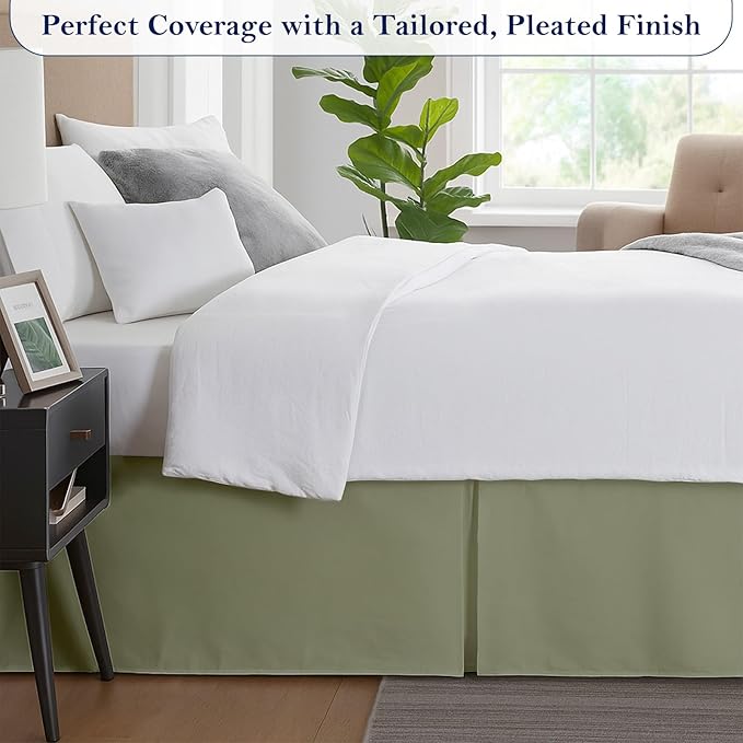 King Bed Skirt, Luxury 12 Inch Drop Sage Pleated Bed Skirt, Double Brushed Microfiber, Box Pleat Design, Wrinkle & Fade Resistant, Easy Fit Tailored Bedskirt for King Size Beds