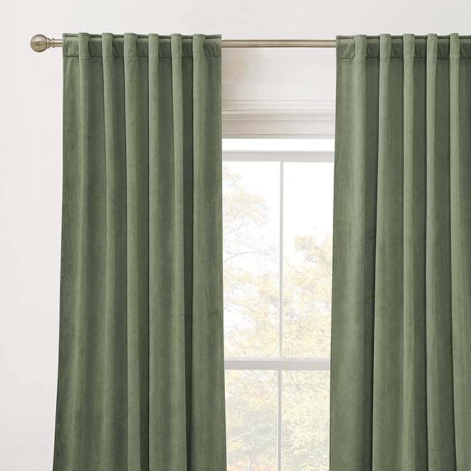 RYB Home Plush Velvet Curtains 96 inches, Heavy Duty Back Tab Decorative Window Drapes Privacy Room Darkening Covering for Living Room Playroom, Sage Green, W52 x L96 inches, Set of 2 Panels