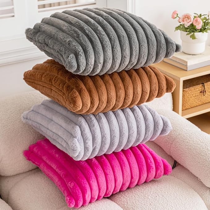 Double-Sided Faux Fur Plush Throw Pillow Covers 24x24 Set of 2 Fuzzy Striped Soft Cozy Pillowcase Luxury Decorative Pillows Square Shaggy Cushion Covers for Couch Sofa Bed,Hot Pink