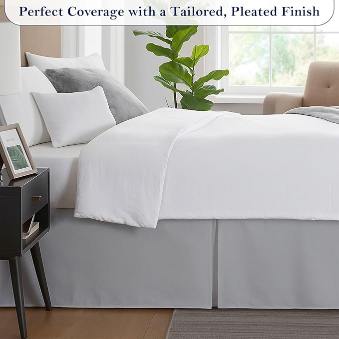Twin Bed Skirt, Luxury 12 Inch Drop Light Grey Pleated Bed Skirt, Double Brushed Microfiber, Box Pleat Design, Wrinkle & Fade Resistant, Easy Fit Tailored Bedskirt for Twin Size Beds