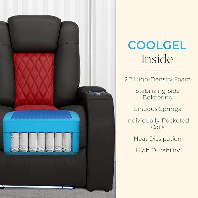 Seatcraft Diamante Zero-Gravity CoolZero Italian Leather Home Theater Seating, Power Headrest, Power Recline, Row of 4 Dual Loveseats, Black/Red