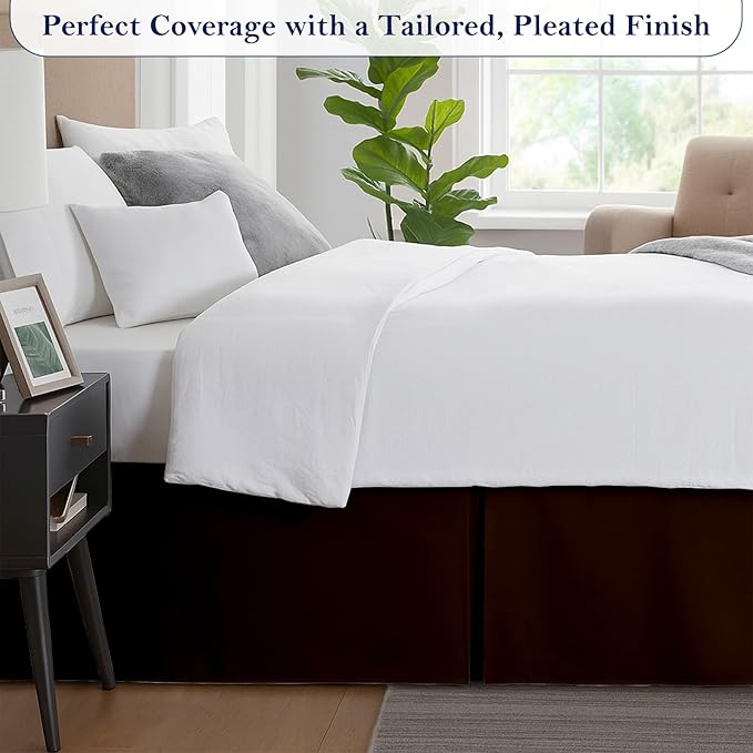 King Bed Skirt, Luxury 15 Inch Drop Chocolate Pleated Bed Skirt, Double Brushed Microfiber, Box Pleat Design, Wrinkle & Fade Resistant, Easy Fit Tailored Bedskirt for King Size Beds