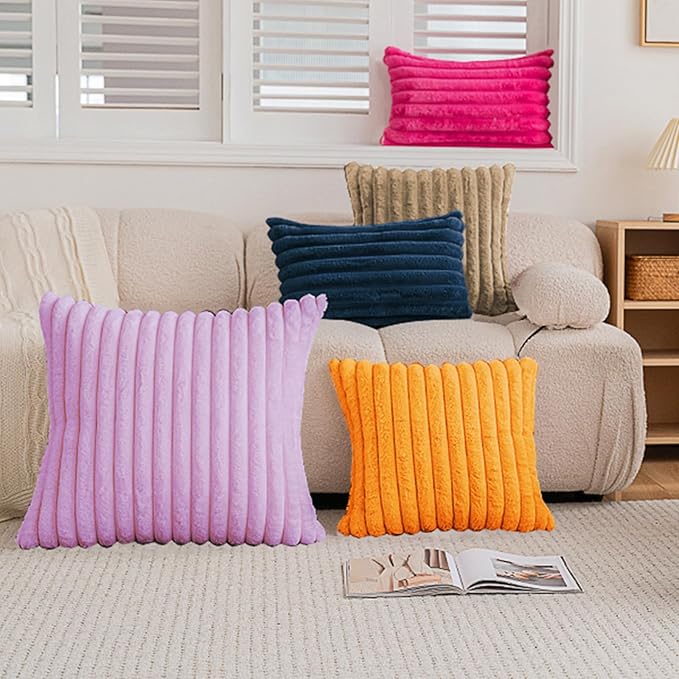 Double-Sided Faux Fur Plush Throw Pillow Covers 18x18 Set of 2 Fuzzy Striped Soft Cozy Pillowcase Luxury Decorative Pillows Square Fluffy Cushion Cover for Couch Bed Living Room,Camel