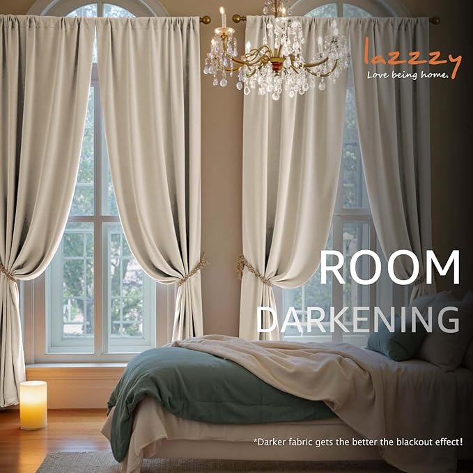 Lazzzy Velvet Blackout Curtains Thermal Insulated Room Window Drapes Super Soft Luxury Curtains for Living Room Bedroom Rod Pocket 2 Panels, Beige, 62" W x 90" L