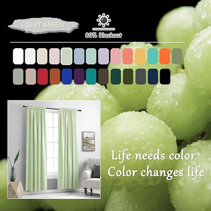 DONREN Light Green Blackout Curtains 96 inch Length for Livingroom, Rod Pocket Thermal Insulated Energy Efficiency Window Draperies (2 Panels, 52 inch Wide by 96 inch Long)