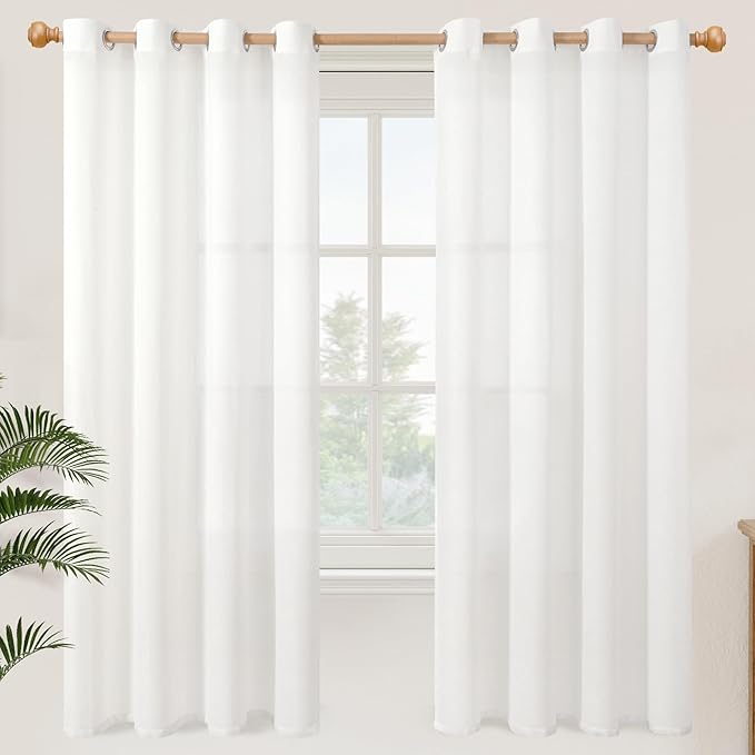 YoungsTex 72 Inch Length White Linen Semi Sheer Curtains for Living Room, Light Filtering Textured Drapes with Grommet Lightweight for Bedroom Dining Room, 2 Panels, 52 X 72 Inch