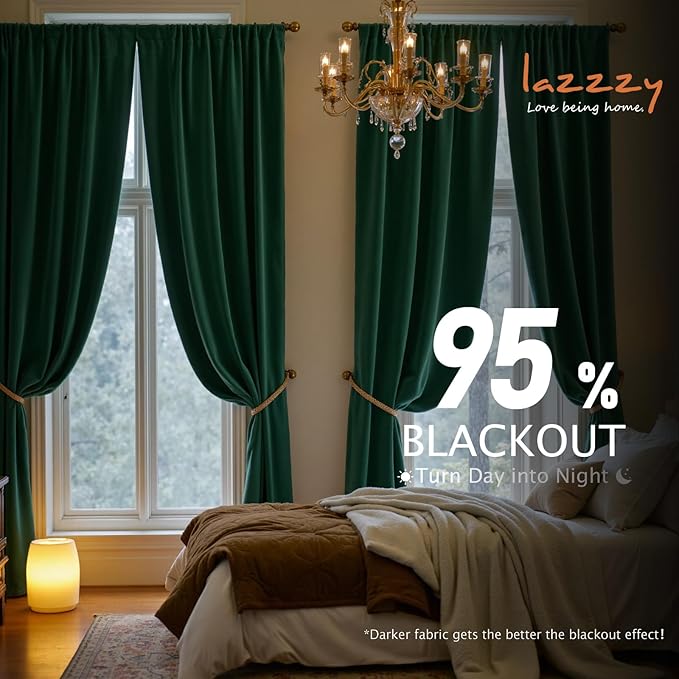 Lazzzy Velvet Blackout Curtains Thermal Insulated Room Window Drapes Super Soft Luxury Curtains for Living Room Bedroom Rod Pocket 2 Panels, Emerald Green, 52" W x 84" L