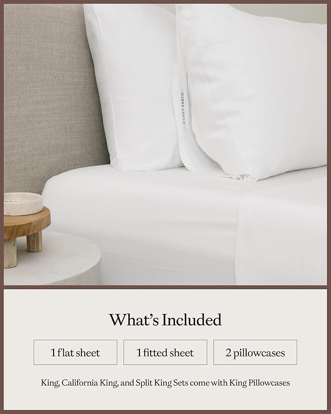 Cozy Earth Luxury Bed Sheet Set - 100% Viscose from Bamboo Fabric, Ultra-Soft & Breathable, Fits Regular & Deep Pocket Mattresses up to 20" - 5 Pieces Split King Sheet Set White