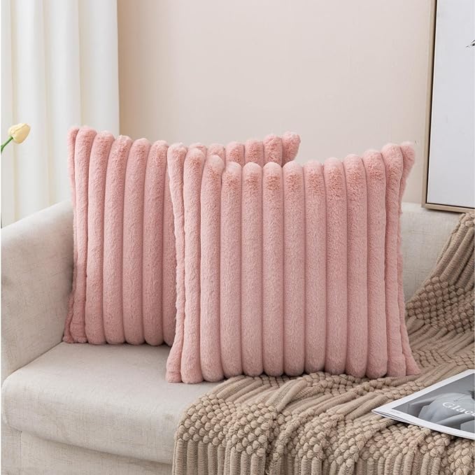 ZLINA Set of 2 Baby Pink Faux Fur Decorative Throw Pillow Covers Fluffy Striped Pillowcase Cushion Covers 18 x 18 Inch Decor Sofa Couch Bedroom