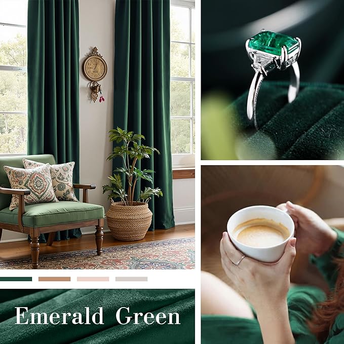 Lazzzy Velvet Blackout Curtains Thermal Insulated Room Window Drapes Super Soft Luxury Curtains for Living Room Bedroom Rod Pocket 2 Panels, Emerald Green, 52" W x 63" L
