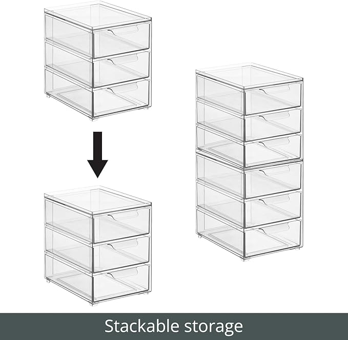 mDesign Plastic Stackable Organizer with 3 Drawers - Pull-Out Drawer Storage Bin for Bathroom Sink/Cabinet Organization - Perfect for Makeup, Small Towels, and More - Lumiere Collection, 2 Pack, Clear