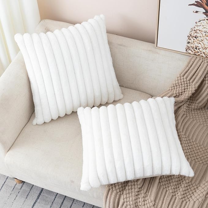 ZLINA Set of 2 Cream White Faux Fur Decorative Throw Pillow Covers Fluffy Striped Pillowcase Cushion Covers 16 x 16 Inch Decor Sofa Couch Bedroom