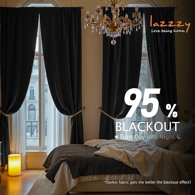 Lazzzy Velvet Blackout Curtains Thermal Insulated Room Window Drapes Super Soft Luxury Curtains for Living Room Bedroom Rod Pocket 2 Panels, Black, 52" W x 90" L