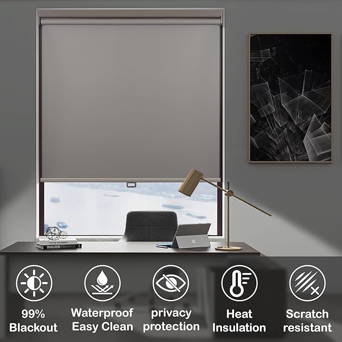HESTIA No Drill Cordless Blackout Roller Shades Screwless Waterproof Shower Window Blinds, Auto-Retraction Easy Install Blind for Bathroom/Kitchen/Office/Exterior, Grey, 51.5" W x 72" H