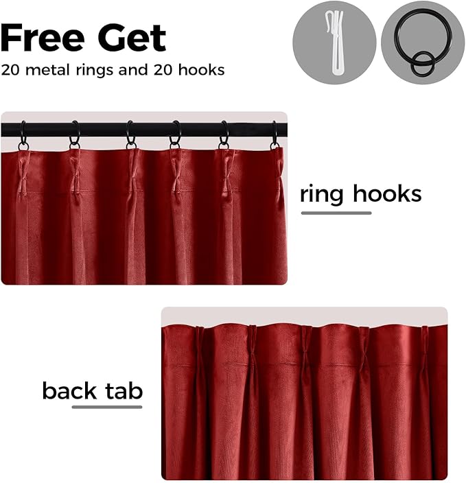 Pinch Pleated 100% Blackout Curtains for Bedroom, Red Velvet Curtains for Living Room, Black Out Curtain 102 inch Long Room Darkening, Blackout Pinch Pleat Drapes with Hooks 2 Panels