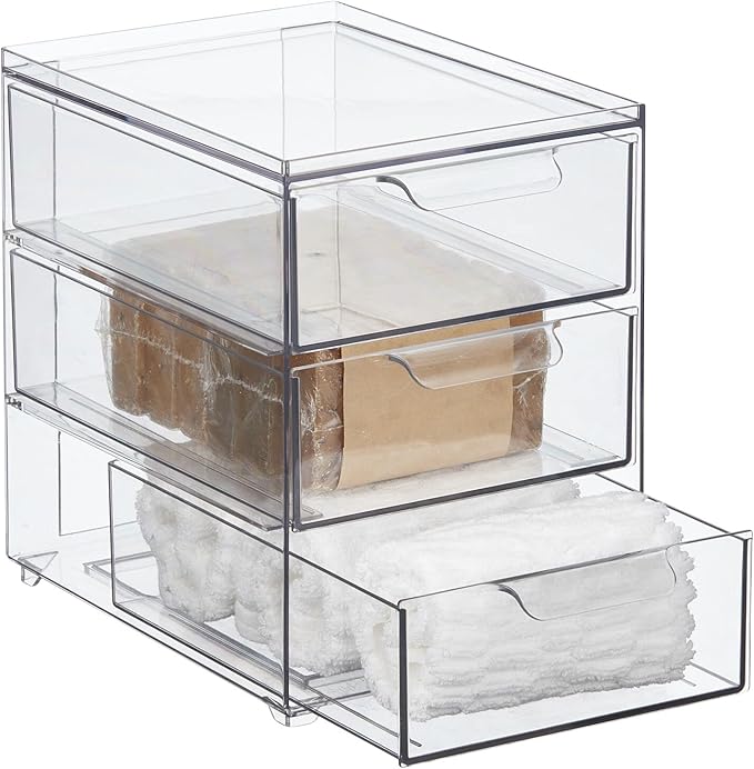 mDesign Plastic Stackable Organizer with 3 Drawers - Pull-Out Drawer Storage Bin for Bathroom Sink/Cabinet Organization - Perfect for Makeup, Small Towels, and More - Lumiere Collection, 4 Pack, Clear