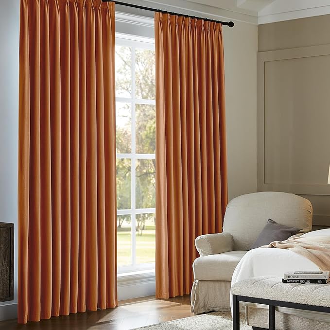 Pinch Pleated 100% Blackout Curtains for Bedroom, Yellow Velvet Curtains for Living Room, Black Out Curtain 108 inch Long Room Darkening, Blackout Pinch Pleat Drapes with Hooks 2 Panels