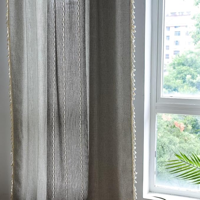 Sutuo Home Boho Curtains 96 inch for Bedroom Living Room, Semi Blackout Linen Farmhouse Shabby Chic Tassels Window Treatment Bohemian Embroidery Drape, Rod Pocket 1 Panel 52" W x 96" L, Gray Linen
