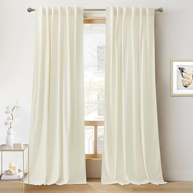 RYB HOME Velvet Curtains 102 inches Long, Back Tab Room Darkening Noise Reducing Window Treatment for Living Room Bedroom Privacy Protect for Stuido, Cream White, W52 x L102 inch, 2 Panels