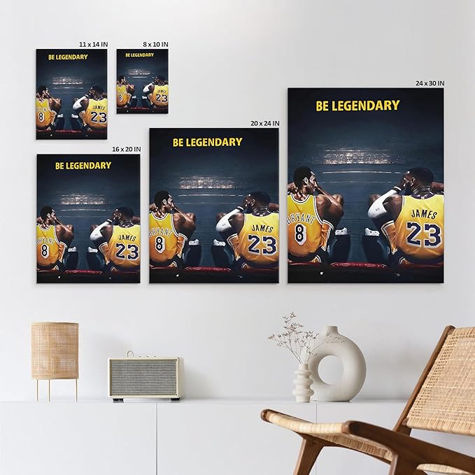 Kobe Bryant and LeBron James Canvas Wall Art Print Poster, Be Legendary Inspirational Sports Picture Artwork, Motivational Mamba Mentality Wall Decor for Home Office Gym Living Room, Framed 20x24inch