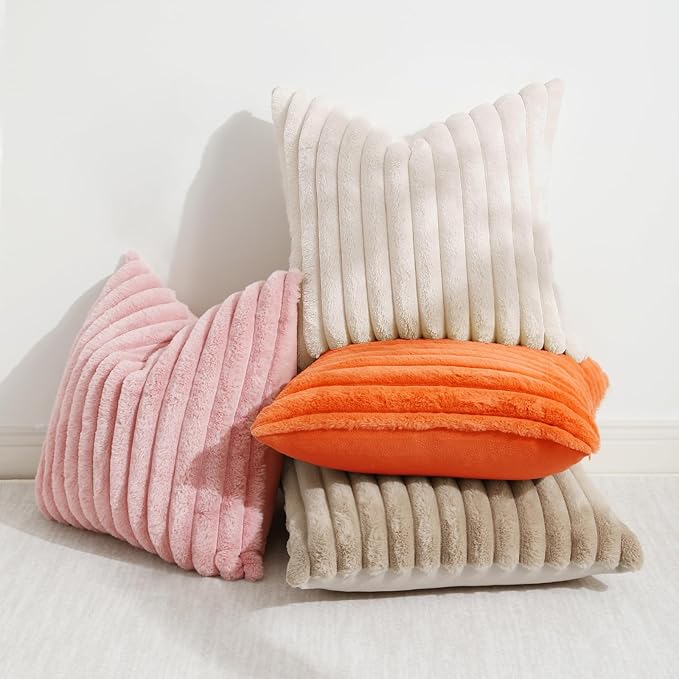 decorUhome Faux Fur Spring Throw Pillow Covers 16x16 Set of 2, Decorative Soft Plush Striped Neutral Couch Pillow Covers with Velvet Back for Sofa, Bed, Living Room Home, Beige