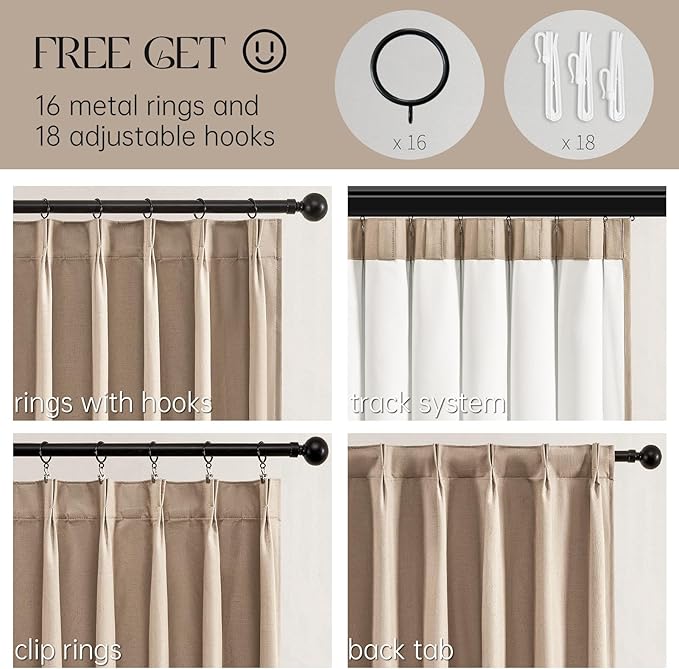 Topfinel 120 Inches Long Extra Long Pinch Pleat Faux Linen Curtains for Living Room,Neutral Beige 100 Percent Blackout Floor to Ceiling Farmhouse Sound Absorbing Drapes 2 Panels for Track System 10 FT