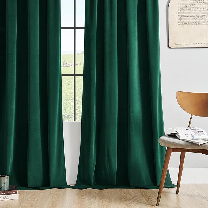 Joydeco Dark Green Velvet Curtains 96 inch Length 2 Panels Burg Set, Luxury Rod Pocket Thermal Insulated Window Blackout Curtain, Room Darkening Drapes for Living Dining Room Bedroom Privacy