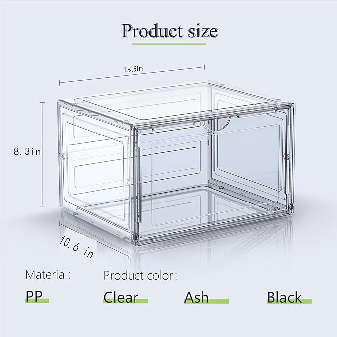 8 Pack XL Shoe Storage Box Organizer,Drop Side Large Shoe Boxes Clear Plastic Stackable Container,Magnetic Sneaker Display Case, Fit up to US 13(13.4”x 10.6”x 8.3”(8 Pack Black)