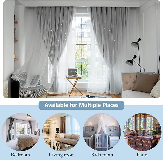 Star Double Layer Blackout Curtains for Bedroom & Kids, Cute, 108 Inches Long, 2 Panels Set, Grey, 42 X 108 Inches
