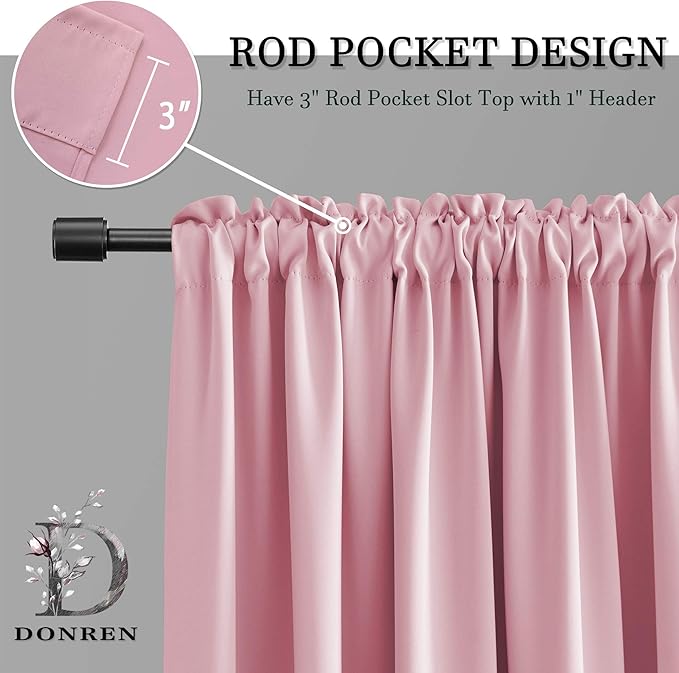 DONREN Pink Blackout Curtains for Girls - Room Home Decoration Privacy Protection Thermal Insulated Blackout Window Drape with Rod Pocket (Set of 2 Panels,52 x 90 Inch)