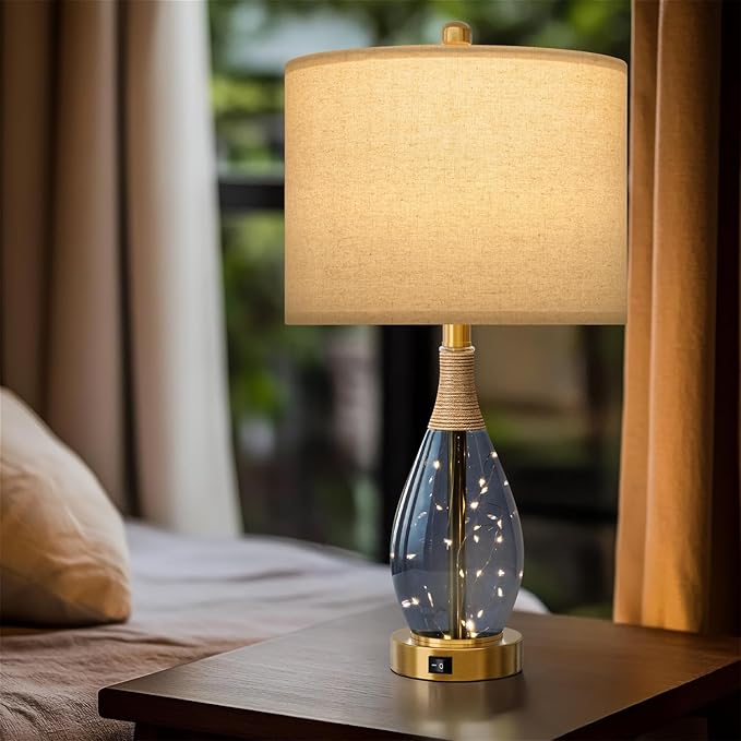 OYEARS 23" Table Lamps for Living Room Set of 2 Bedside Lamps for Night Stands Bedroom Lamps Farmhouse Rattan Boho Lamp Glass Nightlight End Table Lamp with USB C+A (Blue),Two Light Points
