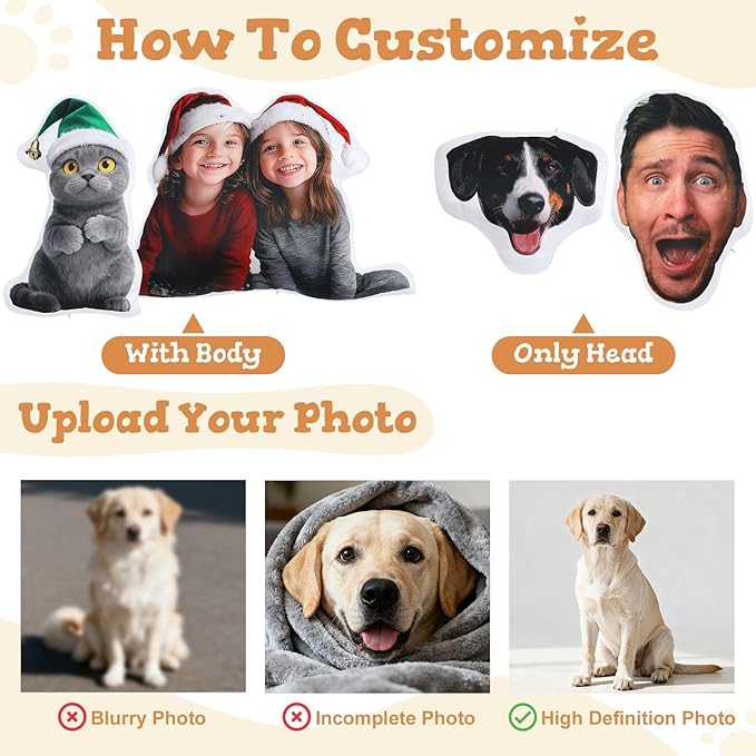 Custom4U Custom Pet Pillow with Picture Personalized Photo Dog Cat Full Body Shaped Pillow Gifts for Birthday Thanksgiving Christmas (8inches)