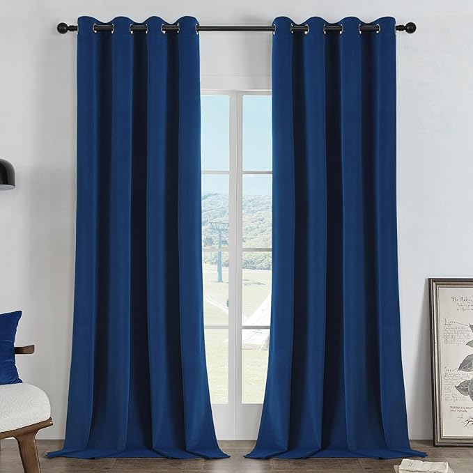 Joydeco Royal Blue 100% Blackout Curtains 120 Inch 2 Panels, Luxury Thermal Royal Blue Velvet Curtains for Bedroom Living Room, Soundproof Blackout Window Drapes, Grommet Top (52W x 120L)