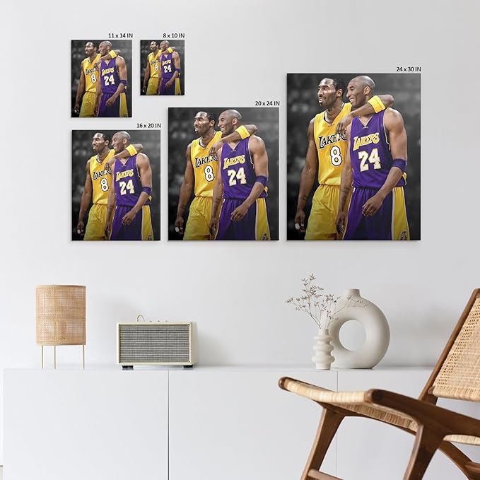 Kobe Bryant Canvas Wall Art Print Poster, Iconic Basketball Player Dual-Era Tribute Artwork, No. 8 and No. 24 Jersey Mamba Mentality Wall Decor for Home Gym Dorm Office Living Room, Framed 8x10inch
