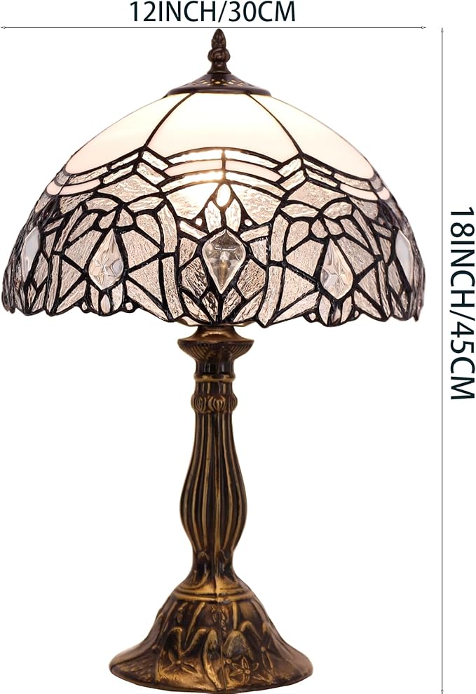 WERFACTORY Tiffany Lamp White Bent Stained Glass Bedside Table Lamp Desk Reading Light 12X12X18 Inches Decor Bedroom Living Room Home Office S508W Series