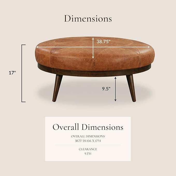 POLY & BARK Gio Ottoman – 30” Round with Feather-Down Topper – Full-Grain Leather Upholstery – Couch Ottoman for Living Room – Vintage Italian Leather in Cognac Tan
