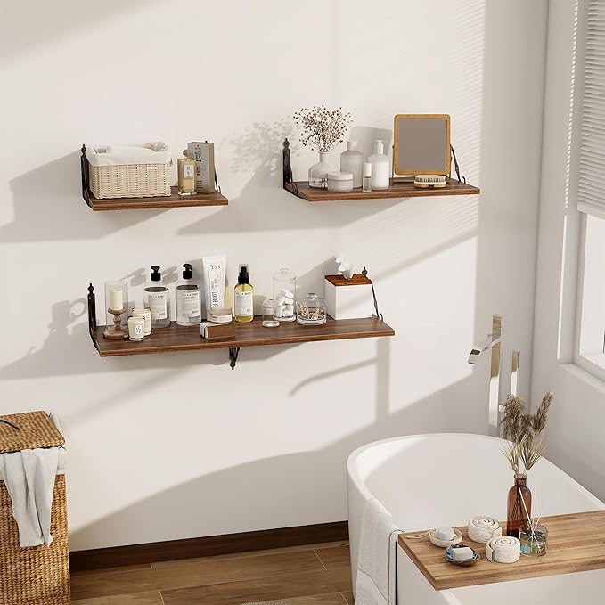Dreamland Deep Floating Shelves, 48" W x 12" D Wall Shelves Set of 2, Wide Display Shelf Wall Mounted with Brackets, Bookshelf for Living Room, Bathroom, Bedroom, Walnut