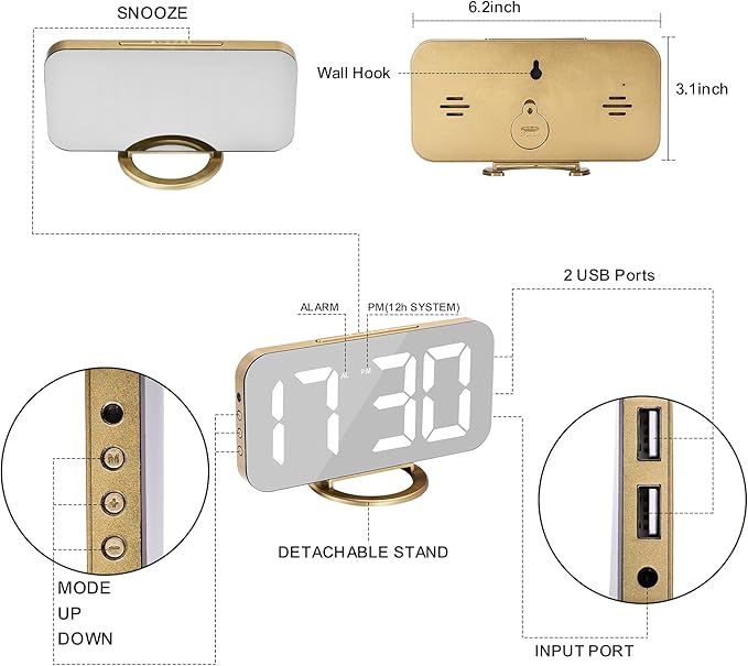 SZELAM Digital Alarm Clock,LED and Mirror Desk Clock Large Display,with Dual USB Charger Ports,3 Levels Brightness,12/24H,Modern Electronic Clock for Bedroom Home Living Room Office - Gold