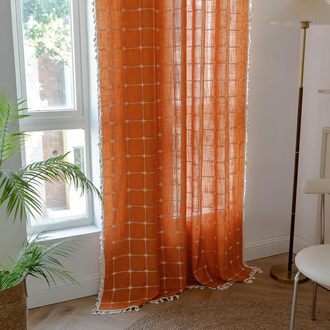 Sutuo Home Burnt Orange Plaids Boho Curtains for Living Room, Semi Blackout Linen Farmhouse Tassels Window Treatment Bohemian Embroidery Drape for Halloween Decor, Rod Pocket 1 Panel 52" W x 90" L