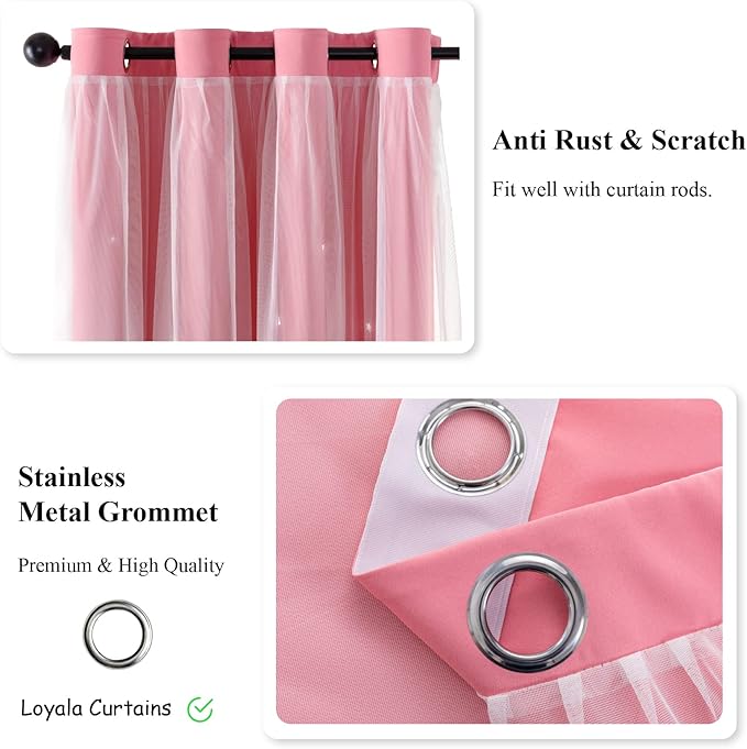 Star Curtains Double Layer Curtains Blackout Curtains for Bedroom Kids Curtains Cute Curtains, Curtains 63 Inches Long 2 Panels Set, Pink Curtains, 42 X 63 Inches