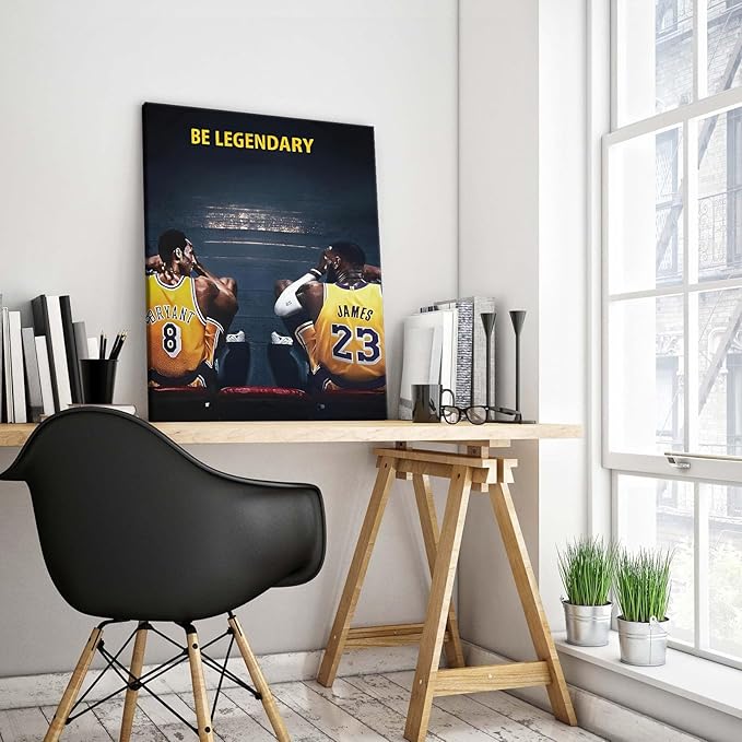 Kobe Bryant and LeBron James Canvas Wall Art Print Poster, Be Legendary Inspirational Sports Picture Artwork, Motivational Mamba Mentality Wall Decor for Home Office Gym Living Room, Framed 20x24inch